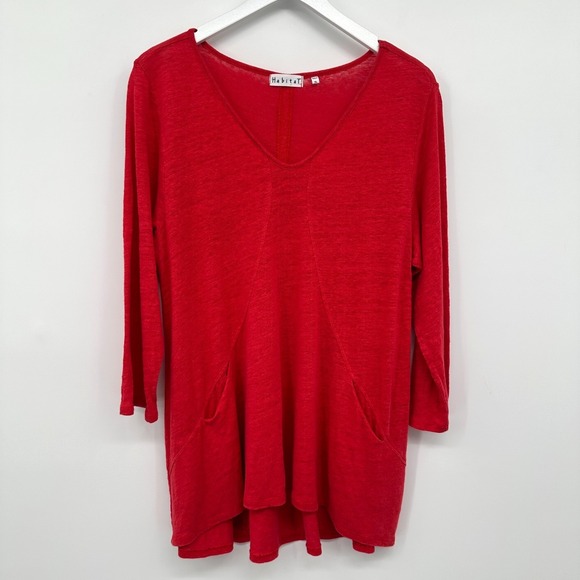 Habitat Tops - Habitat Top Shirt Blouse Size XL Red 100% Linen Stretch Pockets 3/4 Sleeves Boho
